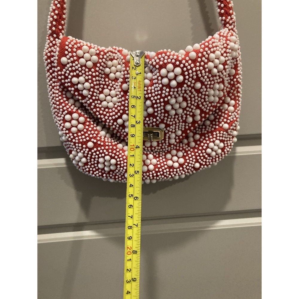 Vintage 1960s 70s Handmade Hong Kong Beaded Shoulder Bag Red White Floral Mod - Picture 4 of 9